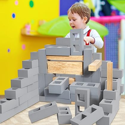 DEEKIN 25 Pcs Foam Brick Building Blocks and 12 Pcs Foam Wooden Beam Building Blocks, Foam Blocks Thick Cinder Blocks Large Fake Brick Builders Set for Construction and Stacking (Gray)