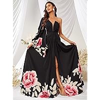 Women's Dress Floral Print One Shoulder Flounce Sleeve Split Thigh Chiffon Dress (Color : Black, Size : Medium)