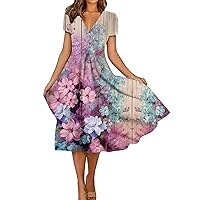 Womens Summer Dresses 2024 Summer Casual Dresses,Short Sleeve Swing Sundress Floral Print T-Shirt Dress