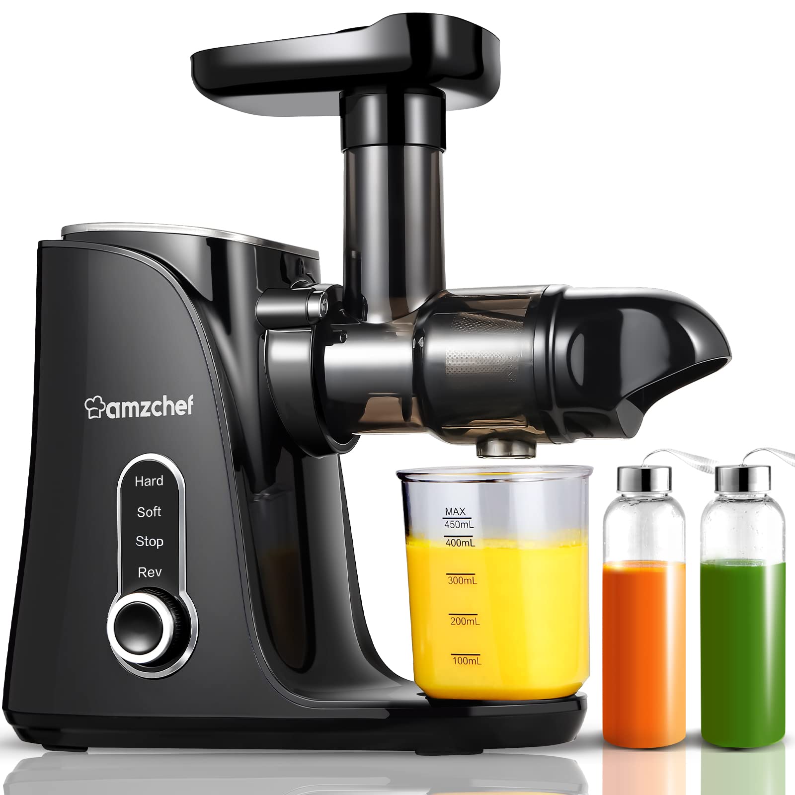 Juicer Machines,AMZCHEF Slow Masticating Juicer Extractor, Cold Press Juicer with Two Speed Modes, Travel bottle(500ML),LED display, Easy to Clean Brush & Quiet Motor for Vegetables&Fruits (Black)