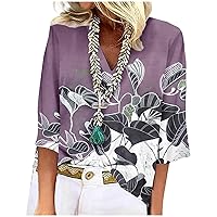 Ladies Summer Tops and Blouses 2023,Fall Plus Size 3/4 Sleeve Tops Casual Loose 3/4 Sleeve Lace Trims Blouse V Neck T-Shirts
