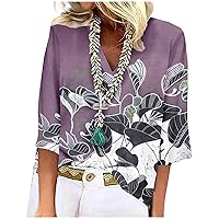 Women's 3/4 Sleeve Tops Summer Ladies Fashion V-Neck Tshirt 2024 Shirt Floral Print Sexy Daily Blouse Casual Tunic