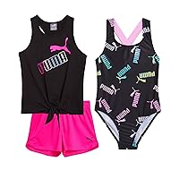 PUMA Girls' Swimsuit Set - Bathing Suit with Cover Up Tank Top and Shorts or Sleeveless Romper - Swim Set for Girls (4-6X)