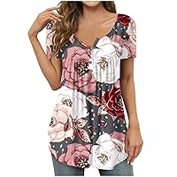 Blouses for Women Dressy Casual Trendy Floral Top Summer Short Sleeve Button Down Tunics or Tops to Wear with Leggings