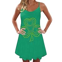 EFOFEI Women's St. Patrick's Day Sleeveless Dress Spaghetti Strap Printing Vintage Dress Swing Clover Leaf Dress