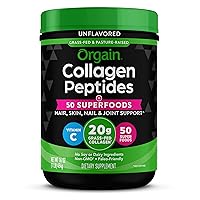 Orgain Hydrolyzed Collagen Powder + 50 Organic Superfoods, 20g Grass Fed Collagen Peptides - Hair, Skin, Nail, & Joint Support Supplement, Non-GMO, Type 1 and 3 Collagen - 1lb (Packaging May Vary)