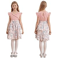 Kids Girls Casual Dress Flutter Sleeve Flower Printed Pleated Swing Dress with Belt Summer Vintage Sundress Party Wear
