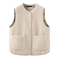 Womens Warm Sherpa Fleece Button Up Reversible Vest Solid/Plaid Sleeveless Fluffy Jacket Waistcoat with Pockets