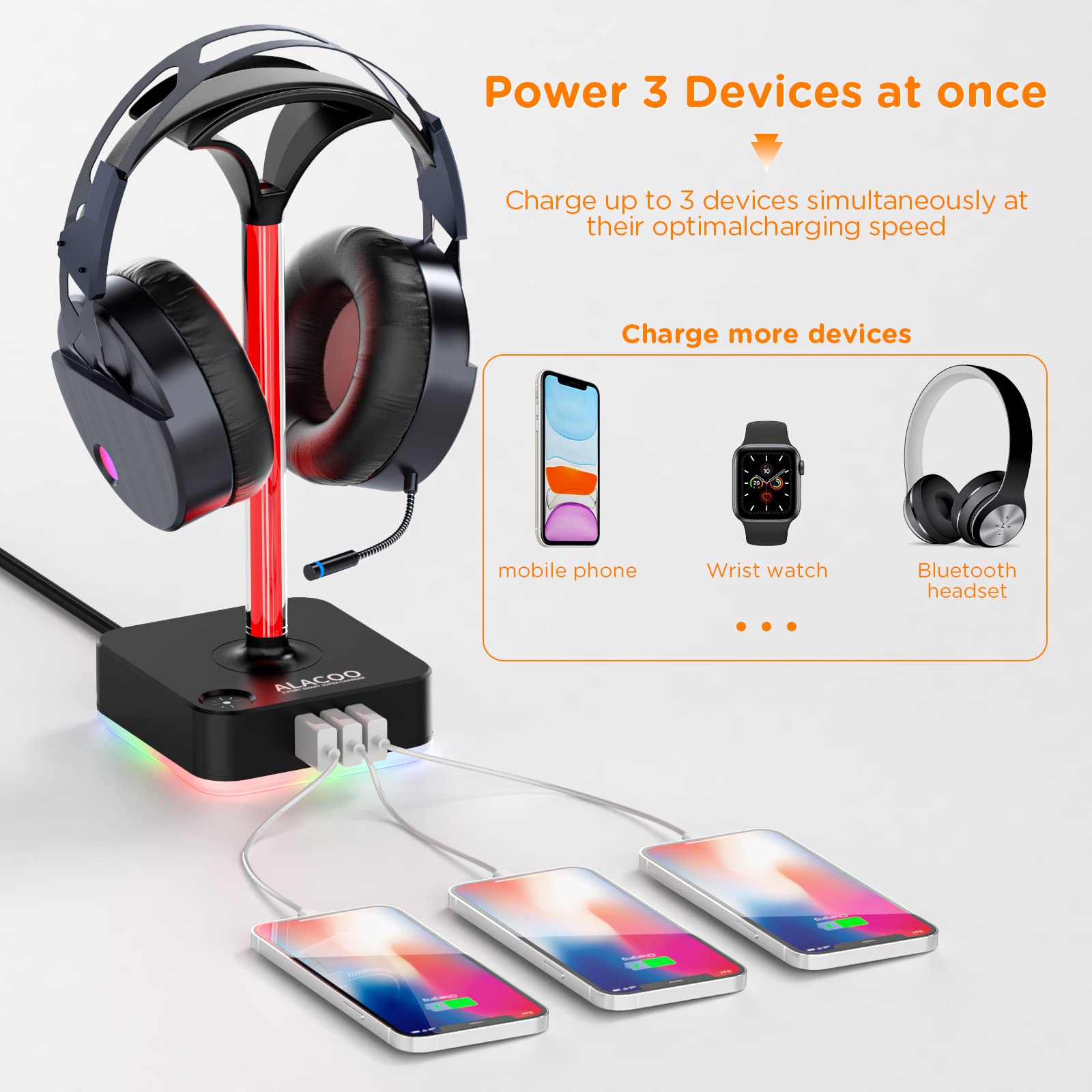 Headphone Stand-Headset Holder--RGB Gaming Headset Stand with 3USB Charging Port and 2 Prong AC Outlet Power Strips, 8 Light Modes and Non-Slip Rubber Base, Gamers Desktop Game Earphone Accessories.