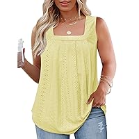 ROSRISS Plus-Size-Tank-Tops Summer Sleeveless Loose Fit Pleated Shirts Square Neck Tunics Eyelet Flowy Tees