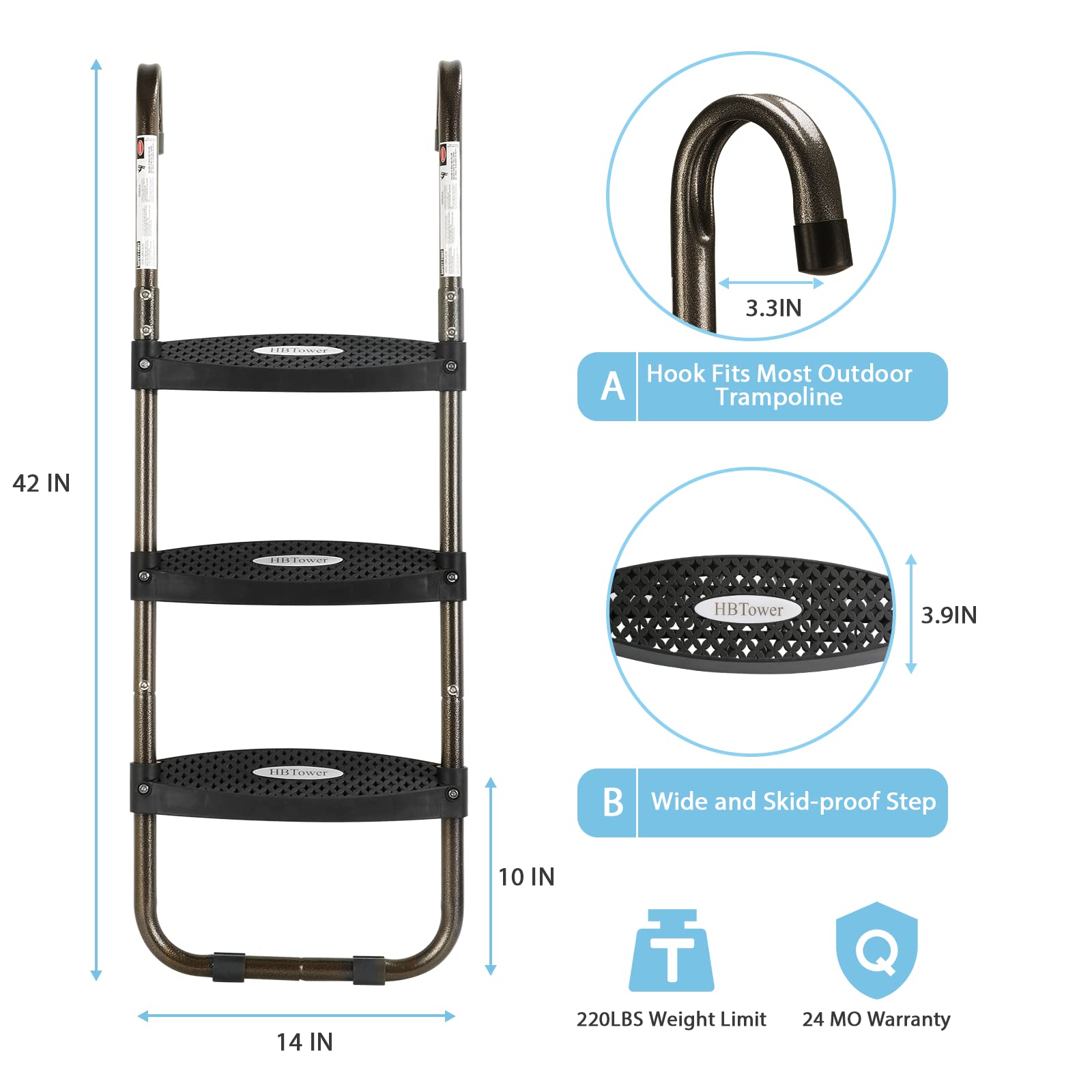 HBTower Trampoline Ladder with Horizontal and Wide Steps, Universal Hook, UV Treated Steel, 220 lbs Capacity Trampoline Accessories for Children Kids