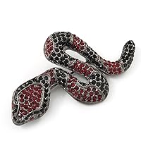 Black/Red Austrian Crystal Snake Brooch In Gun Metal Finish