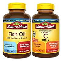 Fish Oil Supplement 100 of 1200 mg Softgels Bundle with Vitamin C Chewables for Adults 1000mg 90 Tablets from Nature Made