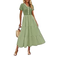 MEROKEETY Women's 2024 Summer V Neck Dress Short Sleeve Button Down Casual Swing Tiered Midi Dresses