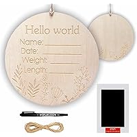 Baby Announcement Sign, Double Sided Hello World Newborn Sign with Marker Pen, Wooden Birth Announcement Signs, Birth Announcement Sign for Hospital
