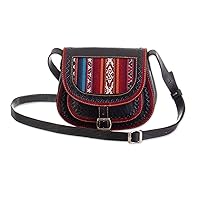 NOVICA Black and Red 100% Wool Accent Leather Sling Bag, Trail Companion'