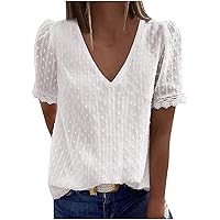 Summer Tops for Women Sale,Fashion Ladies Casual Solid Short Sleeve V-Neck Lace T-Shirt Blouse Tops Plus Size UK White