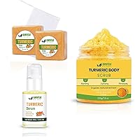 Turmeric Skincare Collection: Face Serum, Body Scrub, Soap Bar, and Facial Care.