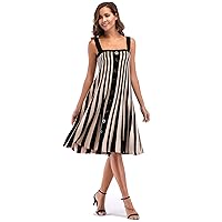 Women's Sleeveless Straps Button-Down Striped Midi Knit Dress Stretchy A-line Swing Dresses