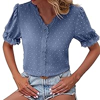 Women's Swiss Dots Tops Puff Sleeve V Neck Shirts Ladies Casual Comfy Solid Color Blouses Summer Short Sleeve Tees