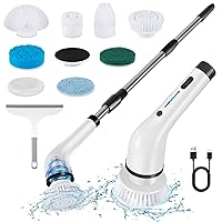Electric Spin Scrubber, Cordless Electric Scrubber with 8 Replaceable Brush Heads/Glass Squeegee and 2 Cleaning Modes. Shower Cleaning Brush with Adjustable Handle Length for Bathroom, Floor (Black)