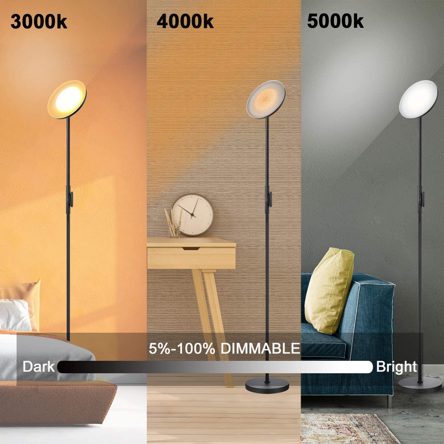 JOOFO Floor Lamp,30W/2400LM Sky LED Modern Torchiere 3 Color Temperatures Super Bright-Tall Standing Pole Light with Remote & Touch Control for Living Room,Bed Room,Office (Black)