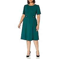 London Times Women's Short Sleeve Crepe Fit and Flare Midi with Waist Button Detail