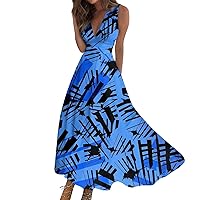 Summer Dresses for Women 2024 Floral Print Maxi Dress Wrap V Neck Flowy Beach Dress Elegant Sleeveless Sundresses