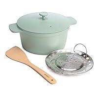 Goodful All-In-One Pot, Multilayer Nonstick, High Performance Cast Dutch Oven With Matching Lid, Roasting Rack And Turner, Made Without PFOA, Dishwasher Safe Cookware, 4.7-Quart, Sage Green