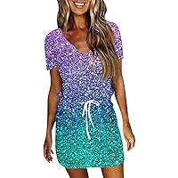 Sundresses for Women, 2024 Casual Print Sling Tunic Dresses, Short Sleeve V Neck Beach Dresses with Pockets