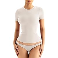 Women High Neck Seamless Tops with Built in Bra Ribbed Short Sleeve Basic Tee Shirts