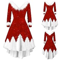 Women's Long Sleeve Casual Swing T-Shirt Dresses High Low Hem 3D Ugly Christmas Print Club Cocktail A-Line Flared Midi Skater Homecoming Dress Retro Rockabilly Prom Dresses(E Red XL)