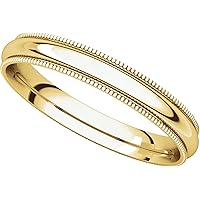 Solid 14k Yellow Gold Wedding Band Plain Milgrain Ring Polished Finish Regular Fit, 3 mm Size 9.5