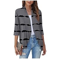 Women Summer 3/4 Sleeve Cardigan Casual Loose Print Blouse Tops Comfy Flowy Hem Jacket Fashion Lightweight Coat