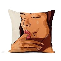Flax Throw Pillow Cover Red Sex Beautiful Woman Sucks Her Finger Oral Lollipop 18x18 Inches Pillowcase Home Decor Square Cotton Linen Pillow Case Cushion Cover