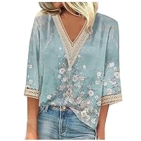 Ladies Summer Tops and Blouses 2023,Womens Fall 3/4 Sleeve Tops Casual Loose 3/4 Sleeve Shirts Lace Trim V Neck T-Shirts Tee