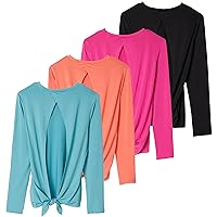 Real Essentials 4 Pack: Women's Dry-Fit Long-Sleeve Tie Back Open Back Athletic Workout T-Shirt (Available in Plus Size)