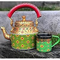 Hand Painted Kettle Chai Tea Kettle Table Décor Café Décor & Restaurant Décor, 1000 ml (Height: 9 inch Width:5.5 inch) & A Mug : 350 ml (Green)