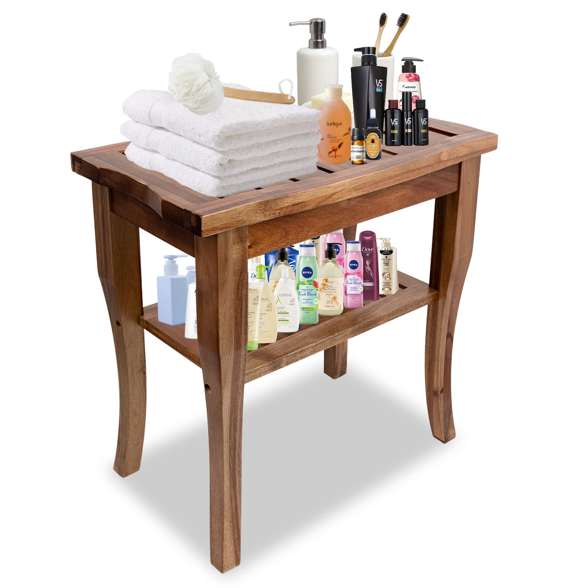 Slimry Design Teak Shower Bench - Solid and Water -Resistant Teak Bench with Storage Shelf Easy to Use Bath Stool with Non-Slip Pads -Assembly Required (Small)