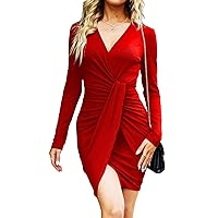 Casual Women's Long Sleeve Wrap Mini Dress, Sexy V Neck Cropped Evening Party Dress.
