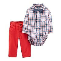 Carter's Infant Boys Coral Plaid Flannel Button Up Shirt Bowtie & Jeans Outfit