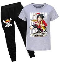 Boys Comfy Summer Clothes Outfits-One Piece Crew Neck Tees Tops and Long Pants Sets Anime Luffy Graphic T-shirts