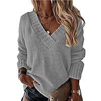 Andongnywell Womens solid color V Neck Shirts Long Sleeve Knit Loose Fitting Warm Tee Tops Pullover Sweaters