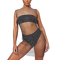 Women’s Mesh See through Swimsuit Cover Up Rhinestone Fishnet Skirts Beach Wrap Bikini Hollow Out Tank Mini Dress for Swimwea