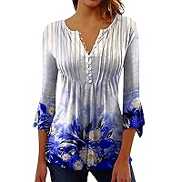 Trendy Tops for Women Wide Bell-Sleeve Super Soft Deep V Neck Flowy Patterned with Buttons Dressy Tops for Women