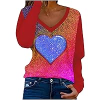 Valentines Day Glitter Tie Dye Shirts for Women Long Sleeve Cute Heart T-Shirts Casual Trendy Color Block Tee Tops