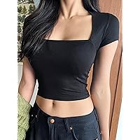 Women's T-Shirt Square Neck Crop Tee T-Shirt for Women (Color : Black, Size : Small)
