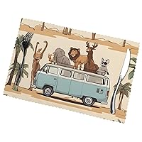 (Basset Hound Dog Summer Bus Palm Trees) Set of 6 Placemat, Holiday Banquet Kitchen Table Decoration Flower Mats, Waterproof, Easy to Clean, 12 X 18 Inches