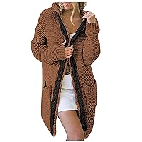 Women's Contrast Chunky Knit Cardigan with Hood Open Front Comfy Long Sweater Coat Fall Jumpers Pockets Outerwear