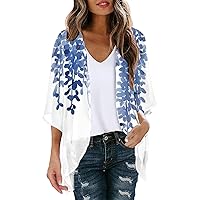 Duster cardigans for Women Sunflower Print Puff Sleeve Open Front Drape Kimono Cardigan Loose Beach Cover Ups